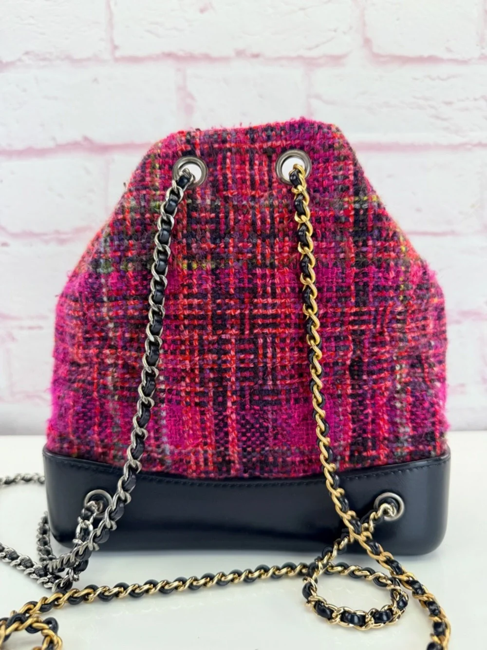 Chanel Tweed Calfskin Quilted Gabrielle Backpack Pink Multicolor